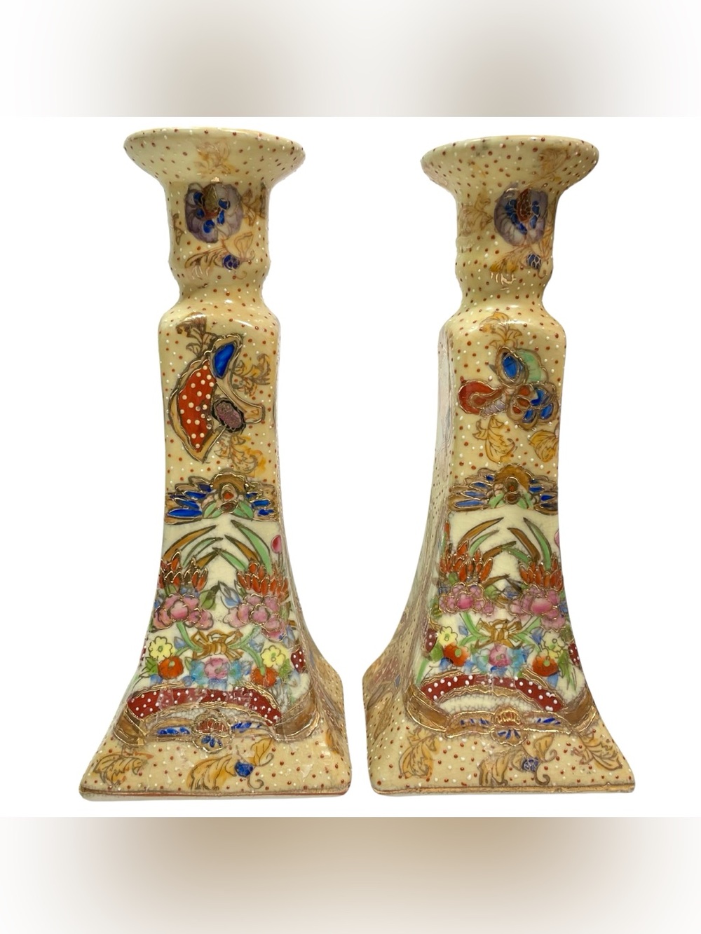 Vintage 1960s Satsuma Style Hand Painted Porcelain Candlesticks Holders (2)